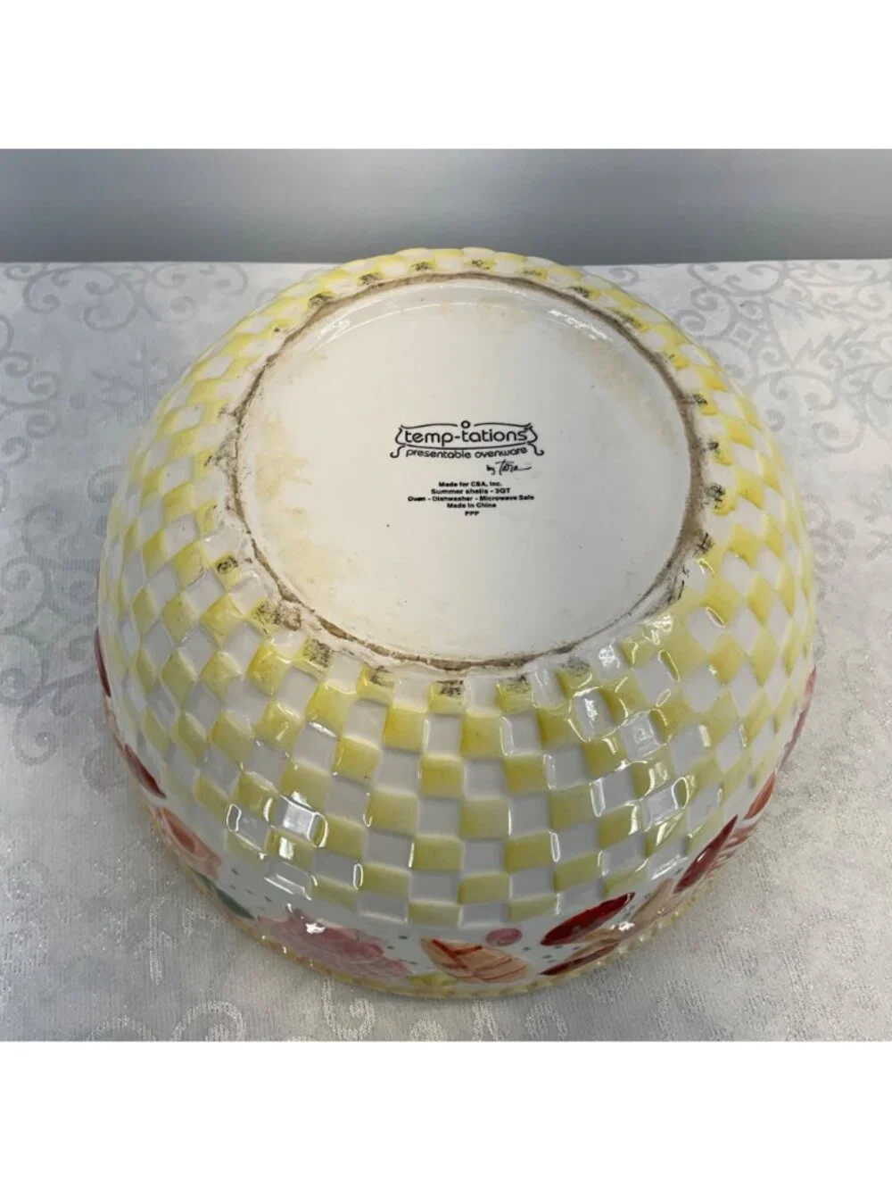 Temp-Tations By Tara Summer Shells 3 Qt Ceramic Serving Bowl Yellow Shell Patter